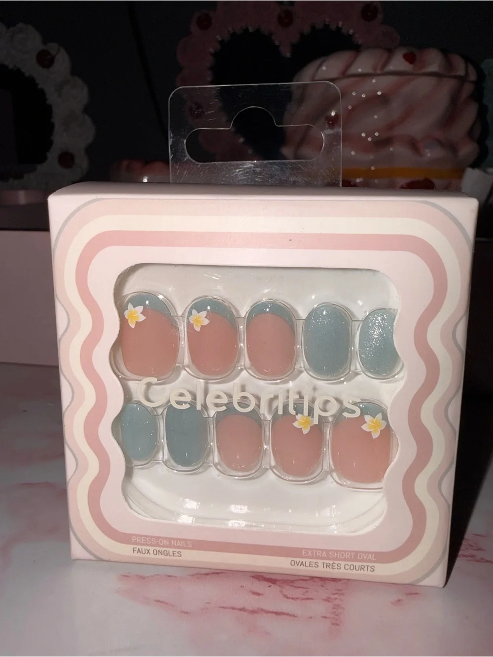 Celebritips “Maui” Press-On Nails in Nude & Dusty Blue with Floral Accent